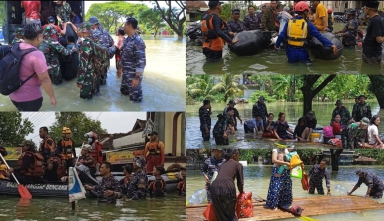 Danlanal Semarang Perintahkan Seluruh Prajuritnya Untuk Evakuasi Warga Terdampak Banjir di Demak